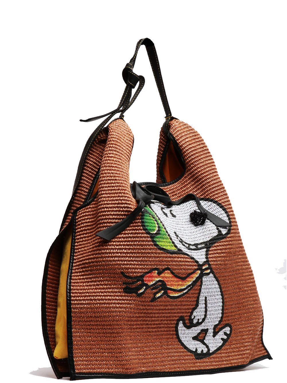 ANITA BILARDI Borsa a Spalla Picasso in Rafia Tabacco con Snoopy Aviatore Beige+giallo