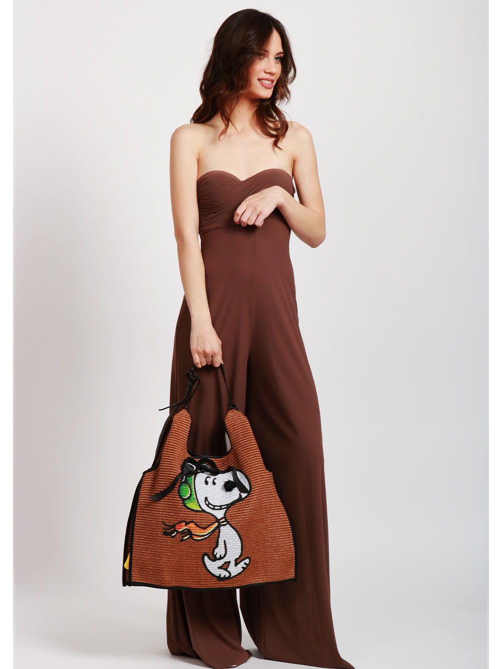 ANITA BILARDI Borsa a Spalla Picasso in Rafia Tabacco con Snoopy Aviatore Beige+giallo