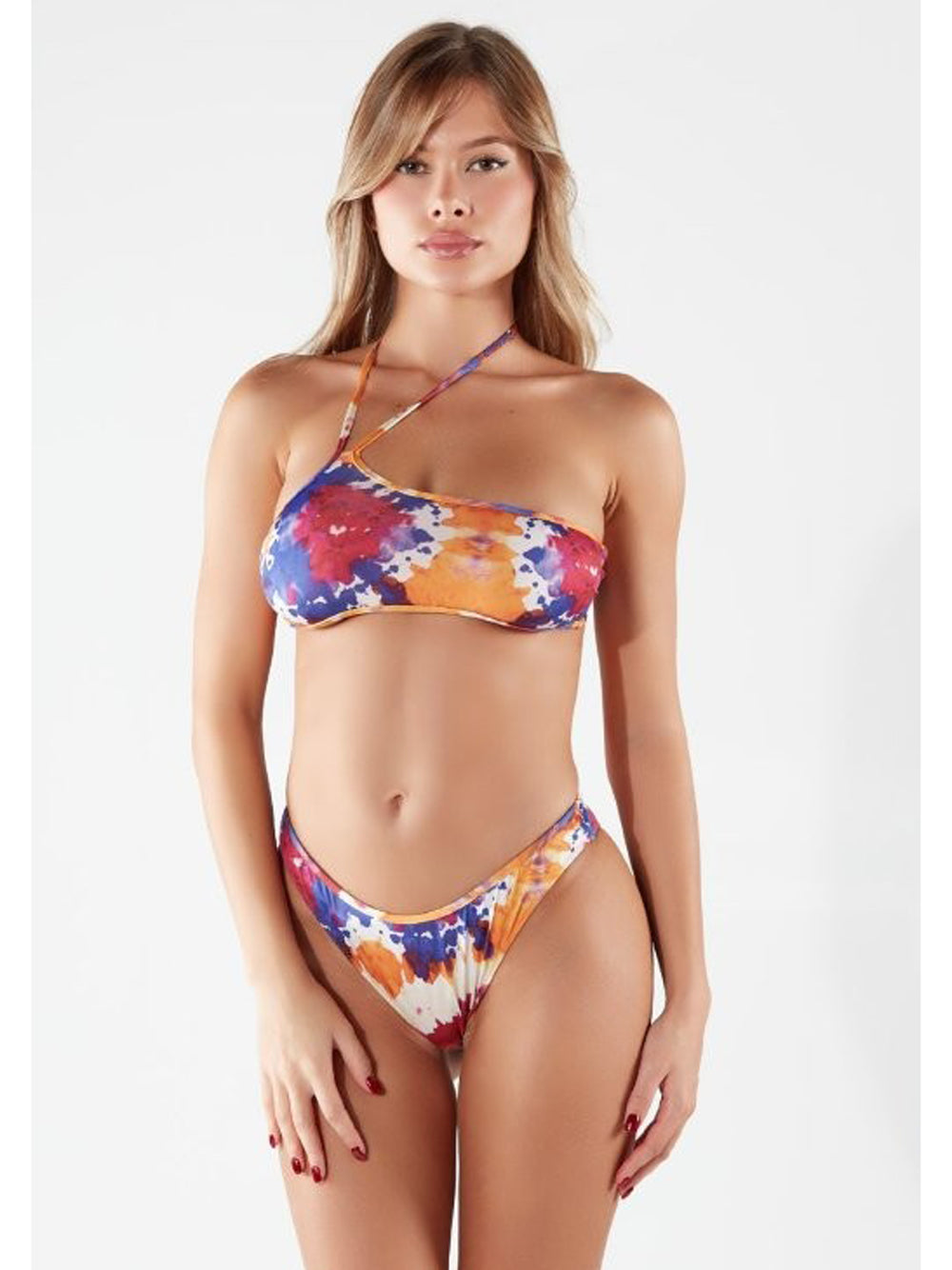 BG LOVE Costume Bikini Zaffiro Monospalla con Fantasia Multicolor Arancio/viola/color