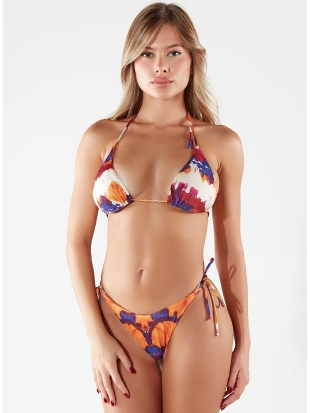 BG LOVE Costume Bikini Triangolo Zaffiro con Fantasia Multicolor Arancio/viola/color