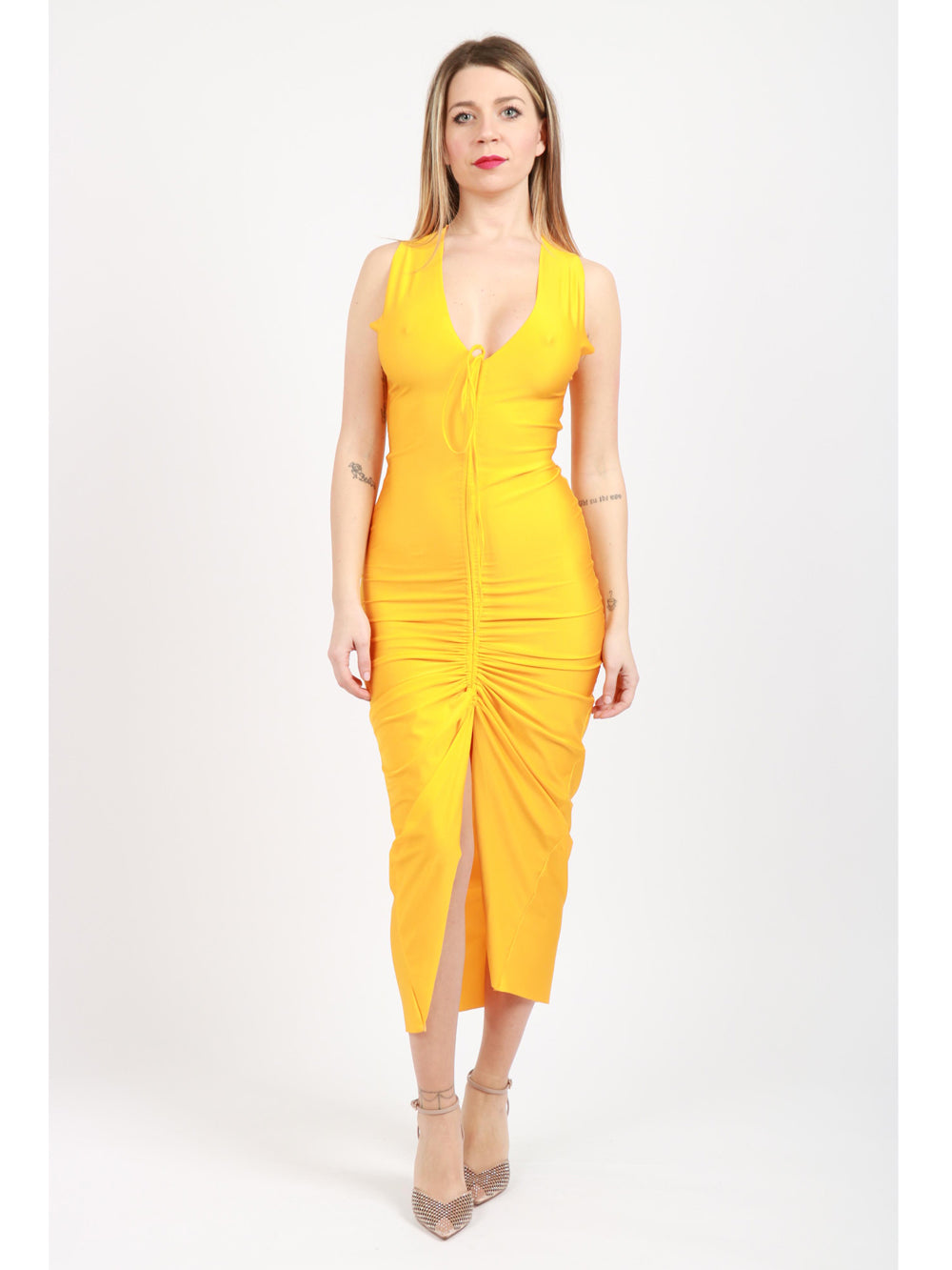 BG LOVE Vestito Diana Lungo Ocra con Drappeggio Ocra