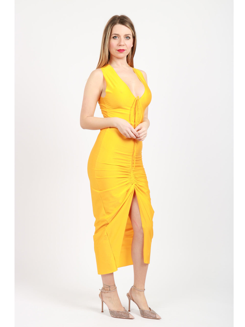 BG LOVE Vestito Diana Lungo Ocra con Drappeggio Ocra
