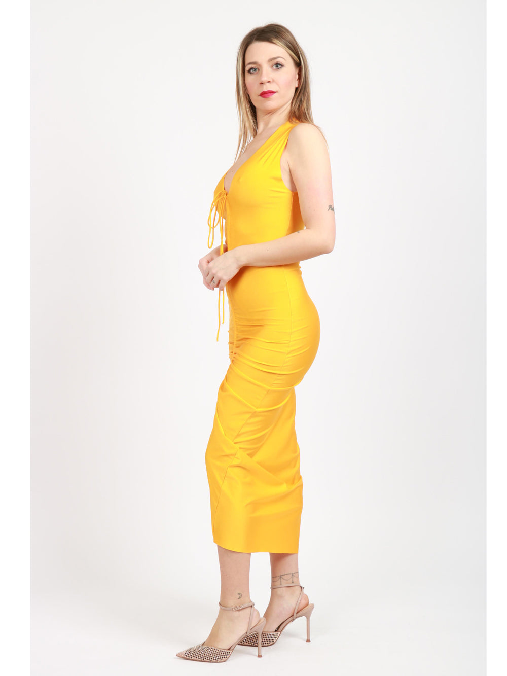 BG LOVE Vestito Diana Lungo Ocra con Drappeggio Ocra
