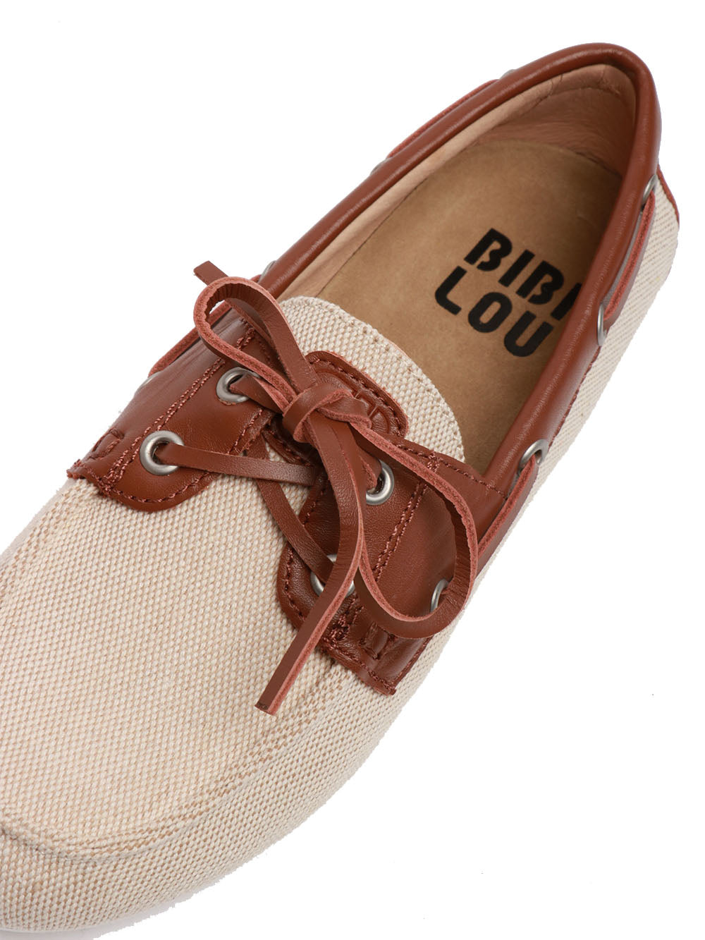 BIBI LOU Scarpe Mocassino Tana in Tessuto Corda con Dettagli in Pelle Panna/cuoio