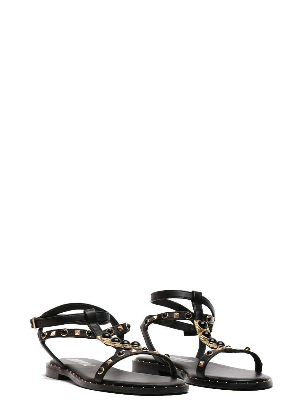 BIBI LOU Sandali Remi Bassi Cuoio con Borchie e Pietre Nero