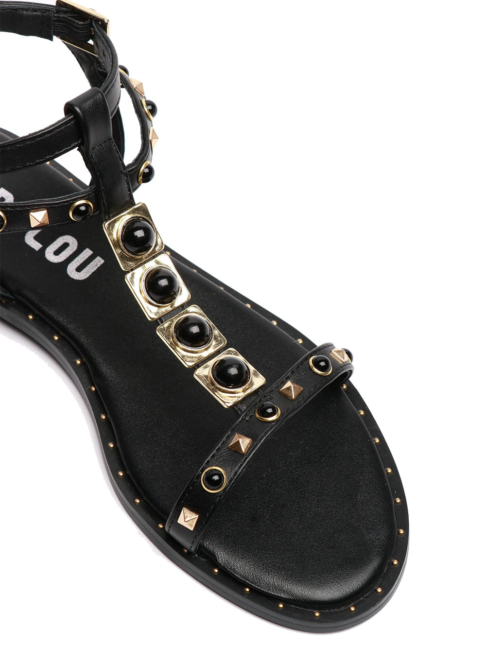 BIBI LOU Sandali Remi Bassi Cuoio con Borchie e Pietre Nero