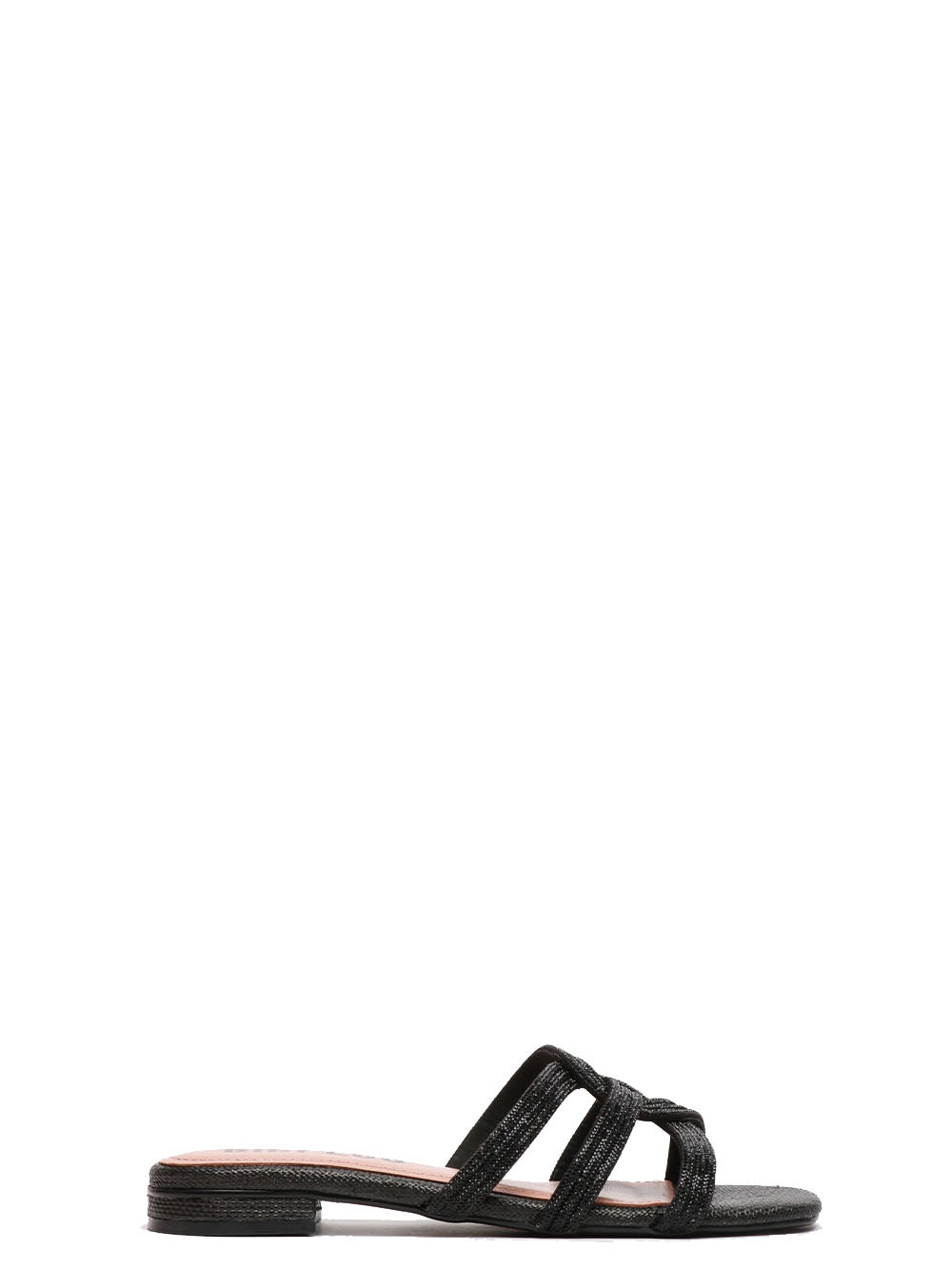 BIBI LOU Sandali Eve Bassi in Rafia Neri con Fascia in Strass Argento Nero