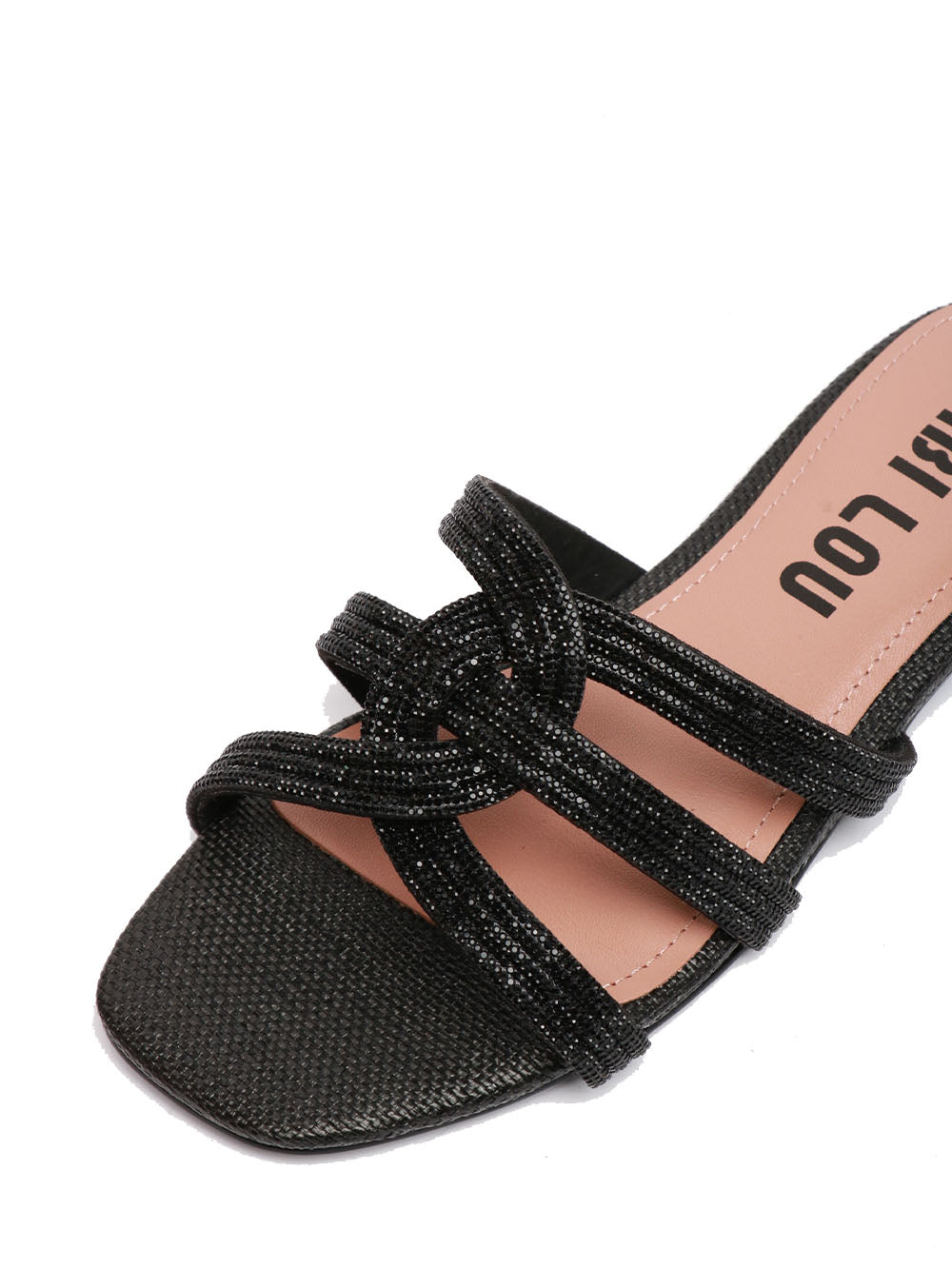 BIBI LOU Sandali Eve Bassi in Rafia Neri con Fascia in Strass Argento Nero