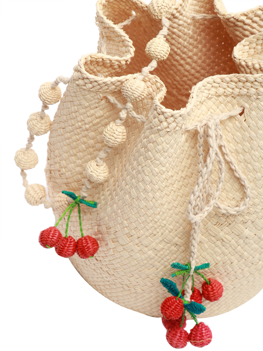 CAROLINA BELENGUER Borsa Secchiello in Paglia con Ciliegie Beige/rosso