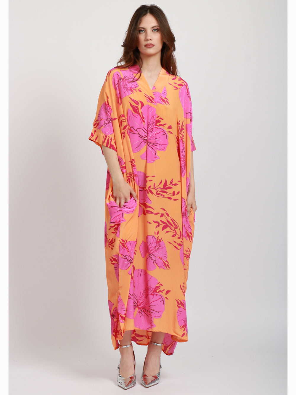 CHACHA Vestito Kimono in Seta Con Fantasia Arancio e Fucsia Arancio/fucsia