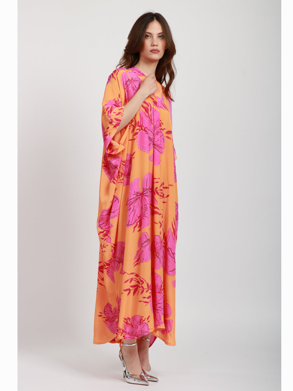 CHACHA Vestito Kimono in Seta Con Fantasia Arancio e Fucsia Arancio/fucsia