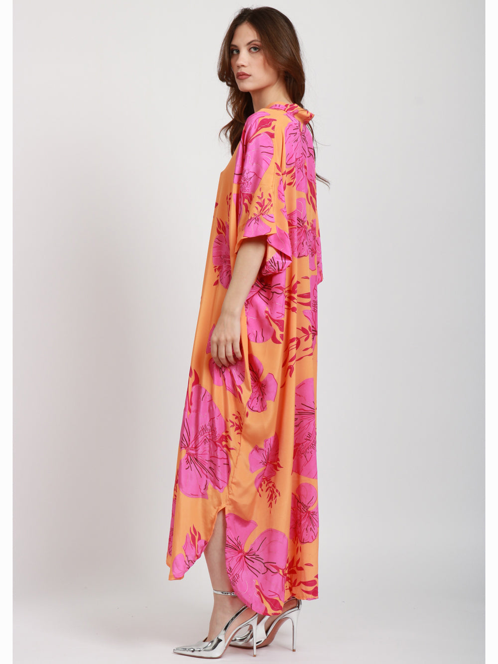 CHACHA Vestito Kimono in Seta Con Fantasia Arancio e Fucsia Arancio/fucsia