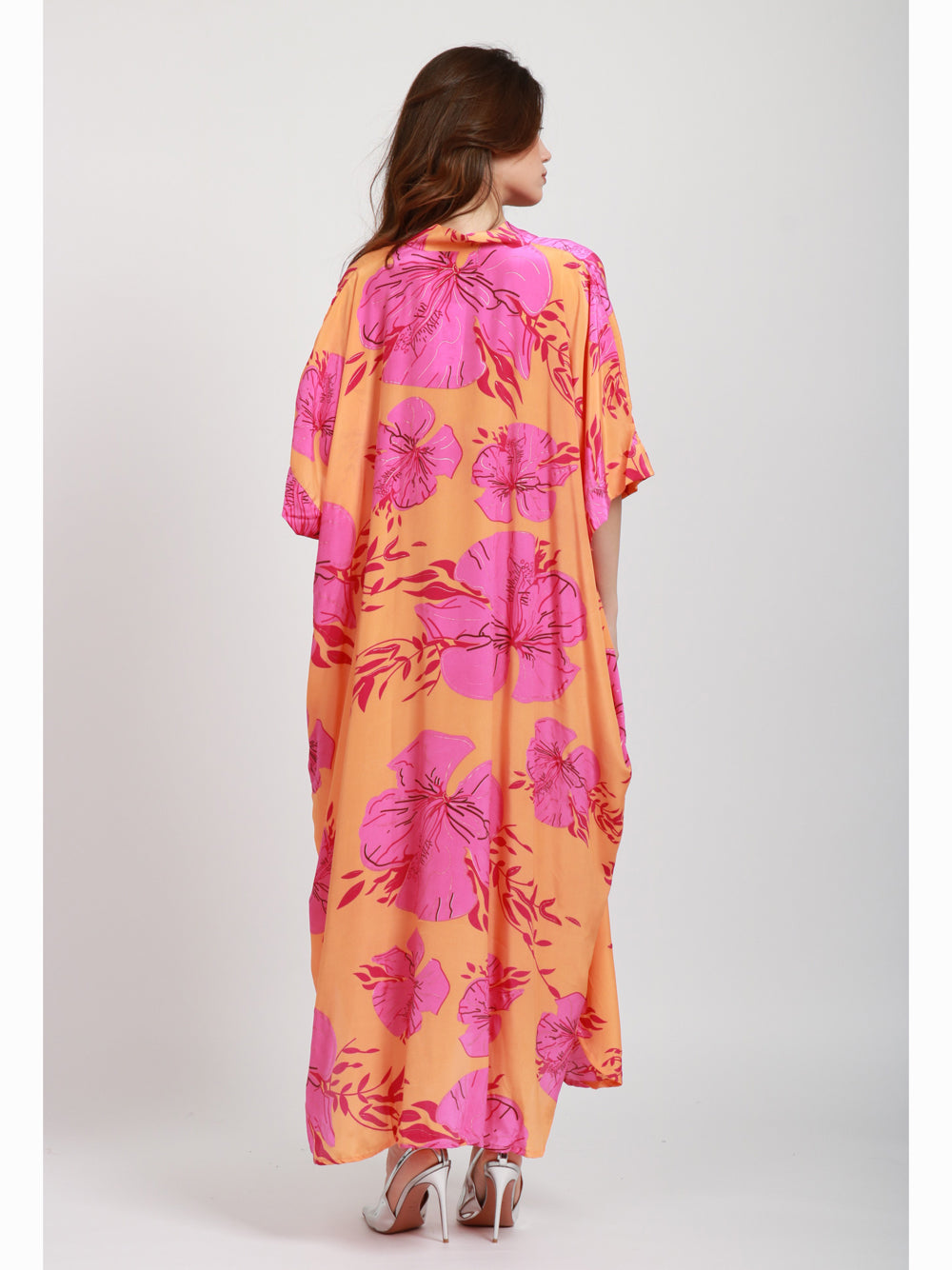CHACHA Vestito Kimono in Seta Con Fantasia Arancio e Fucsia Arancio/fucsia