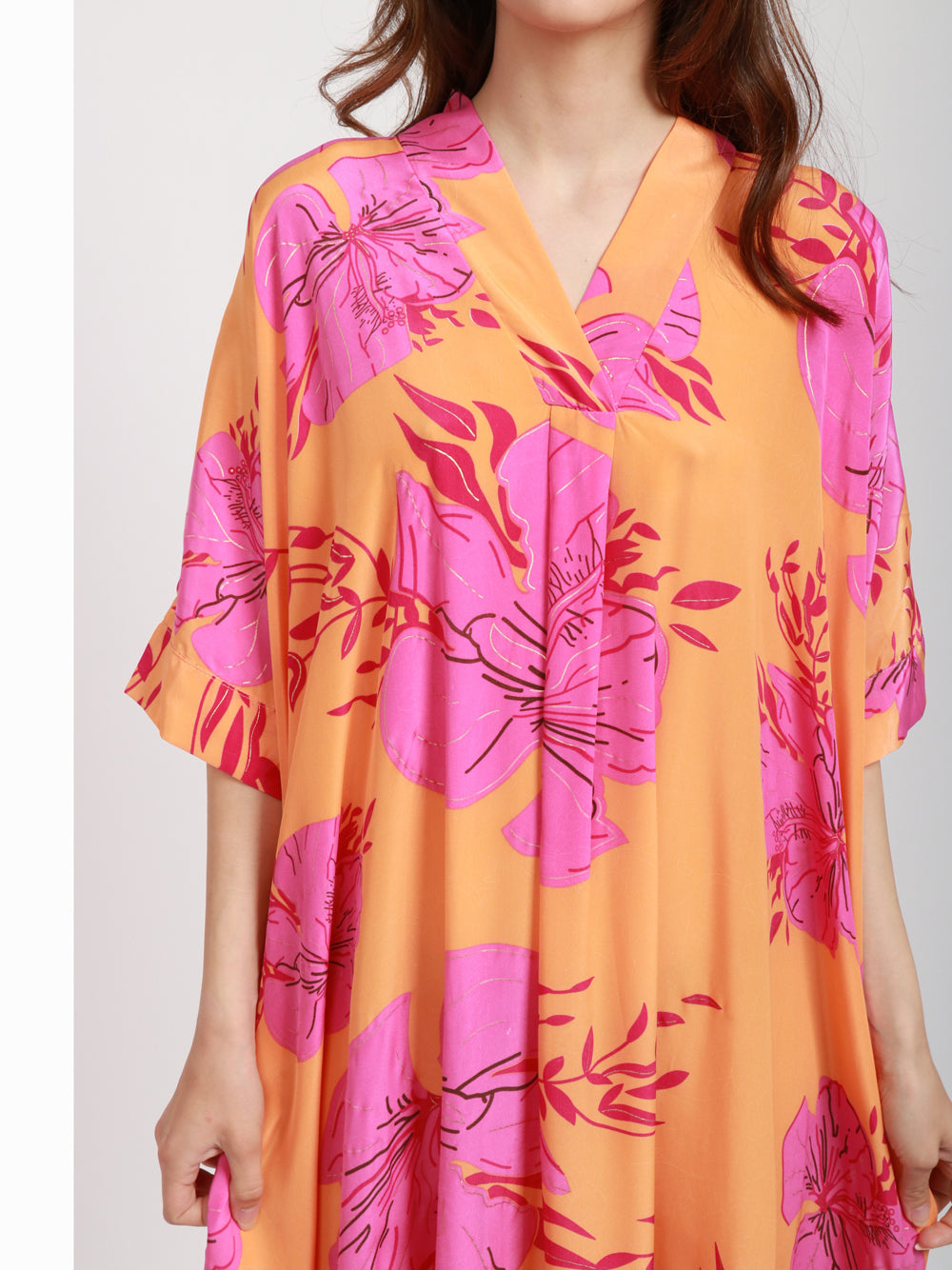 CHACHA Vestito Kimono in Seta Con Fantasia Arancio e Fucsia Arancio/fucsia