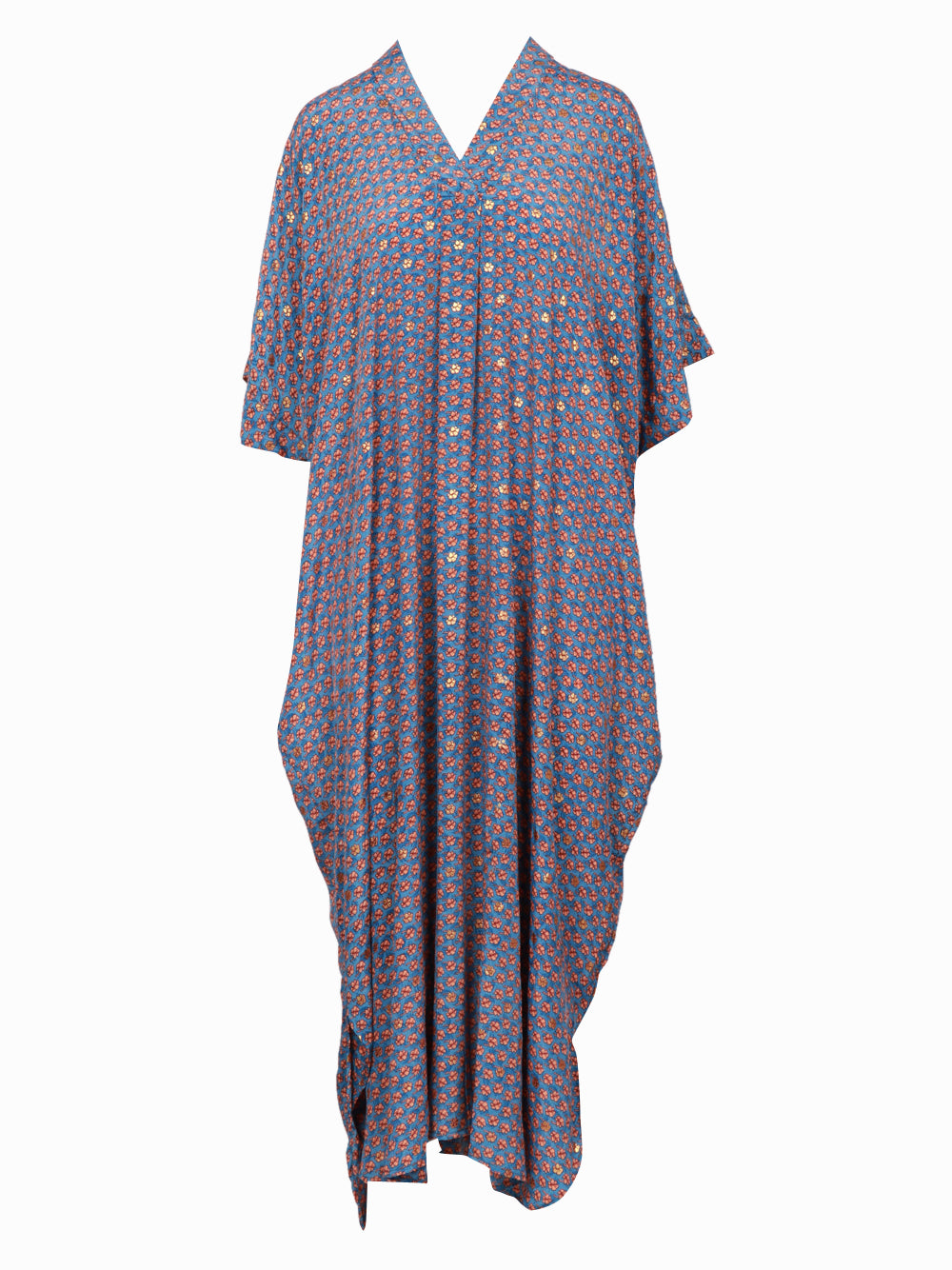 CHACHA Vestito Kimono in Seta Con Fantasia Indaco e Arancio Indaco/bronzo