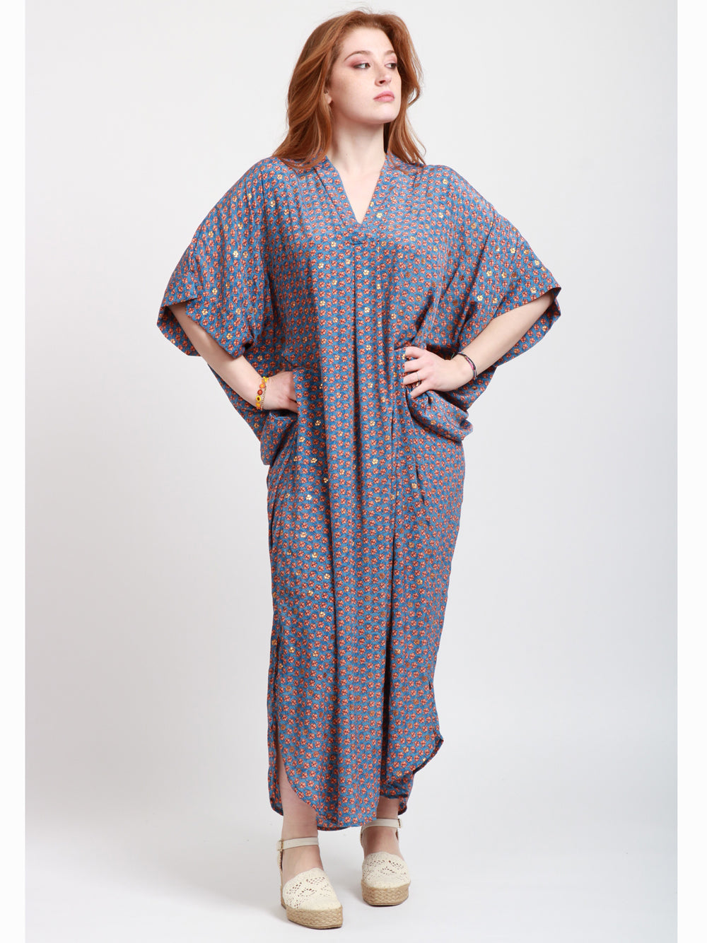 CHACHA Vestito Kimono in Seta Con Fantasia Indaco e Arancio Indaco/bronzo