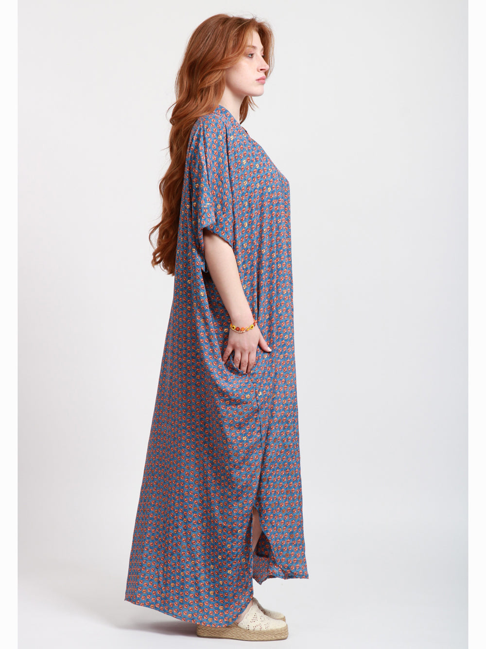 CHACHA Vestito Kimono in Seta Con Fantasia Indaco e Arancio Indaco/bronzo