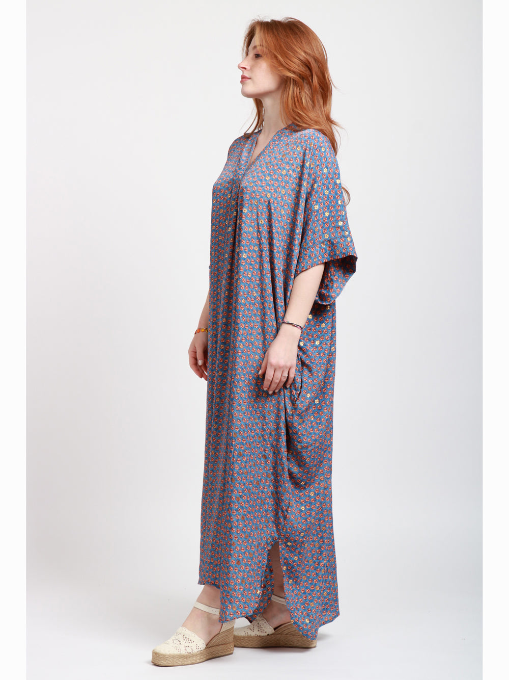 CHACHA Vestito Kimono in Seta Con Fantasia Indaco e Arancio Indaco/bronzo