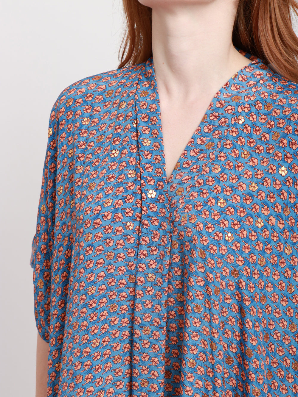 CHACHA Vestito Kimono in Seta Con Fantasia Indaco e Arancio Indaco/bronzo