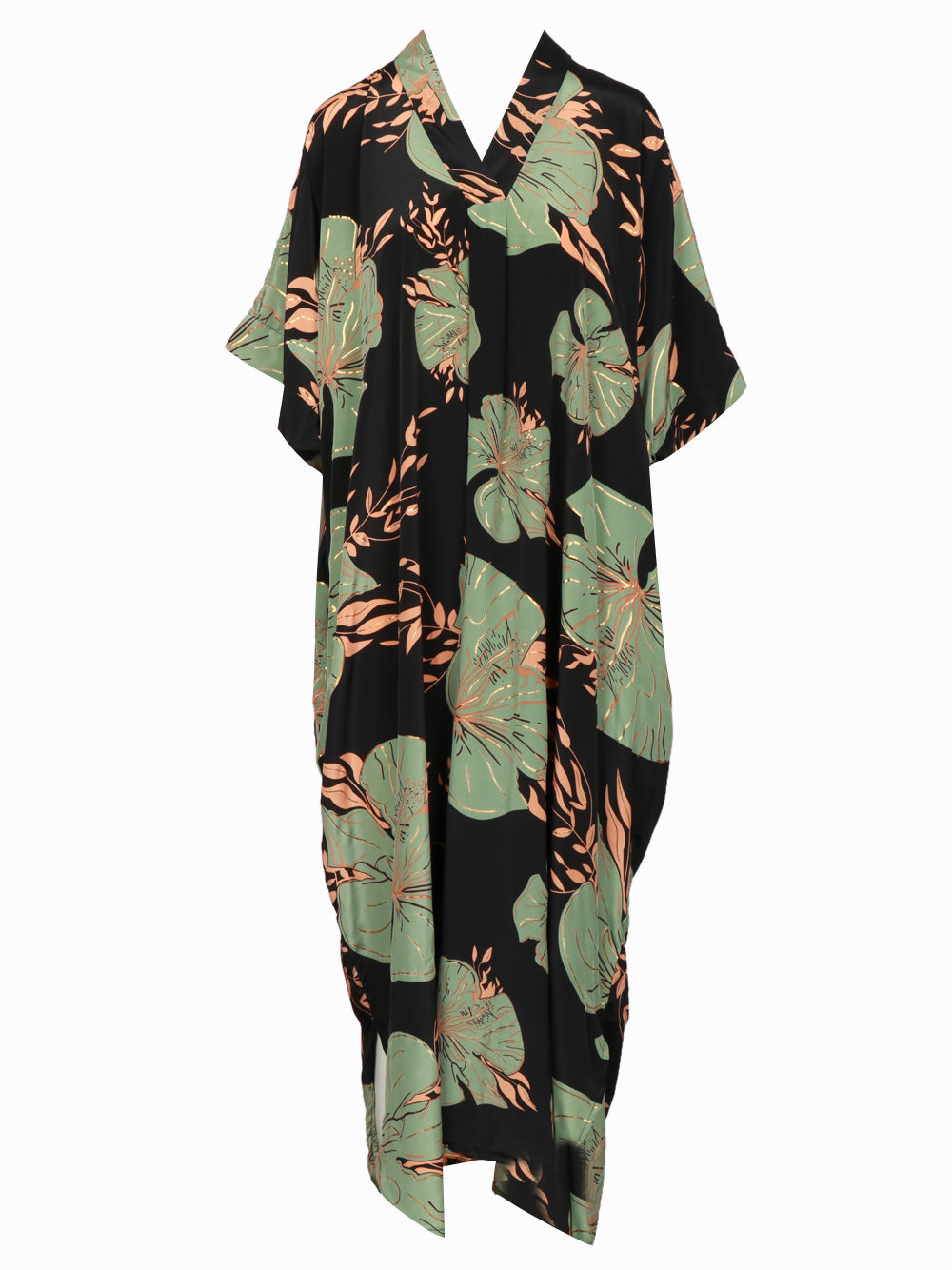 CHACHA Vestito Kimono in Seta Con Fantasia Nero e Verde Nero/verde