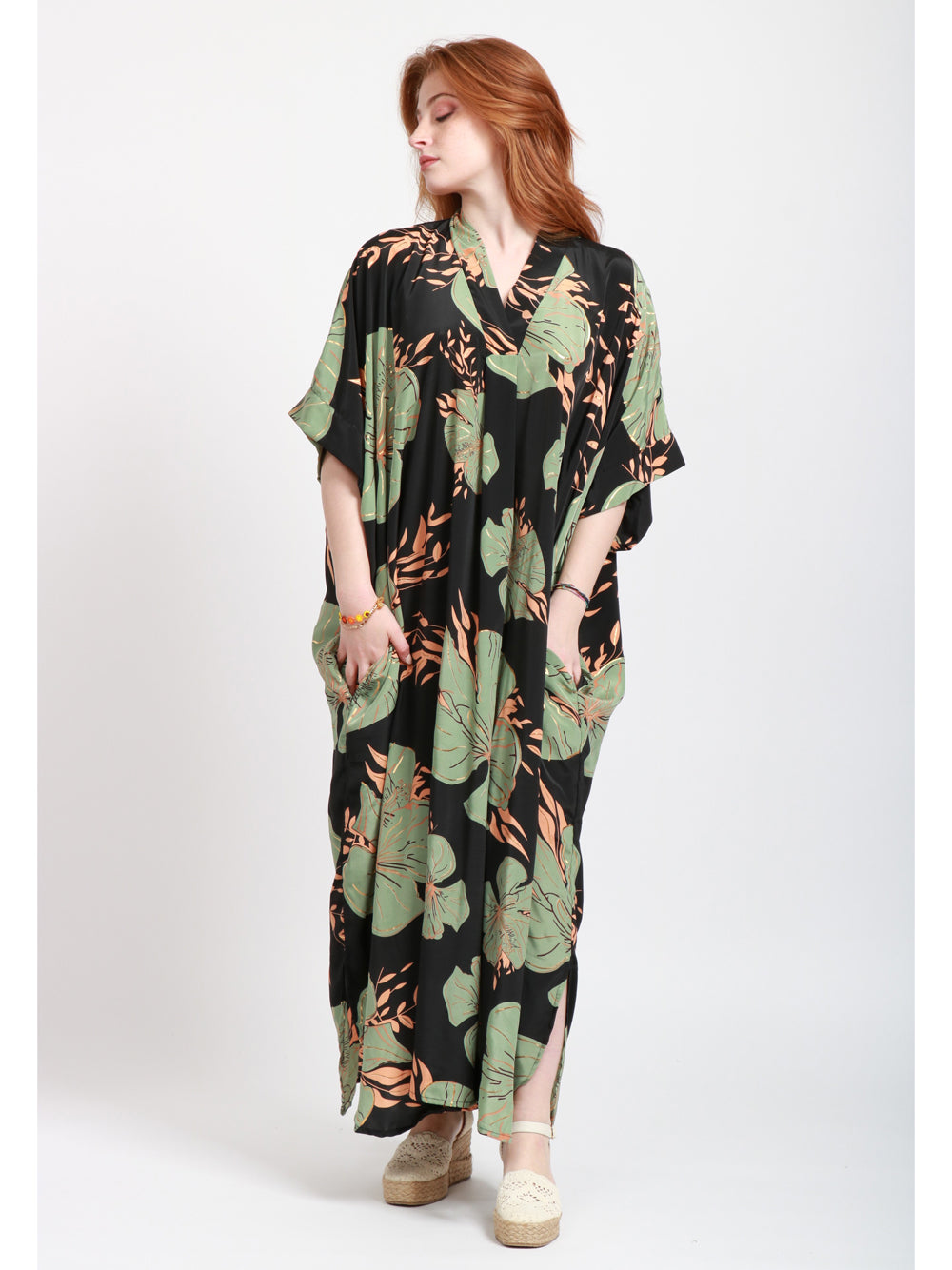 CHACHA Vestito Kimono in Seta Con Fantasia Nero e Verde Nero/verde