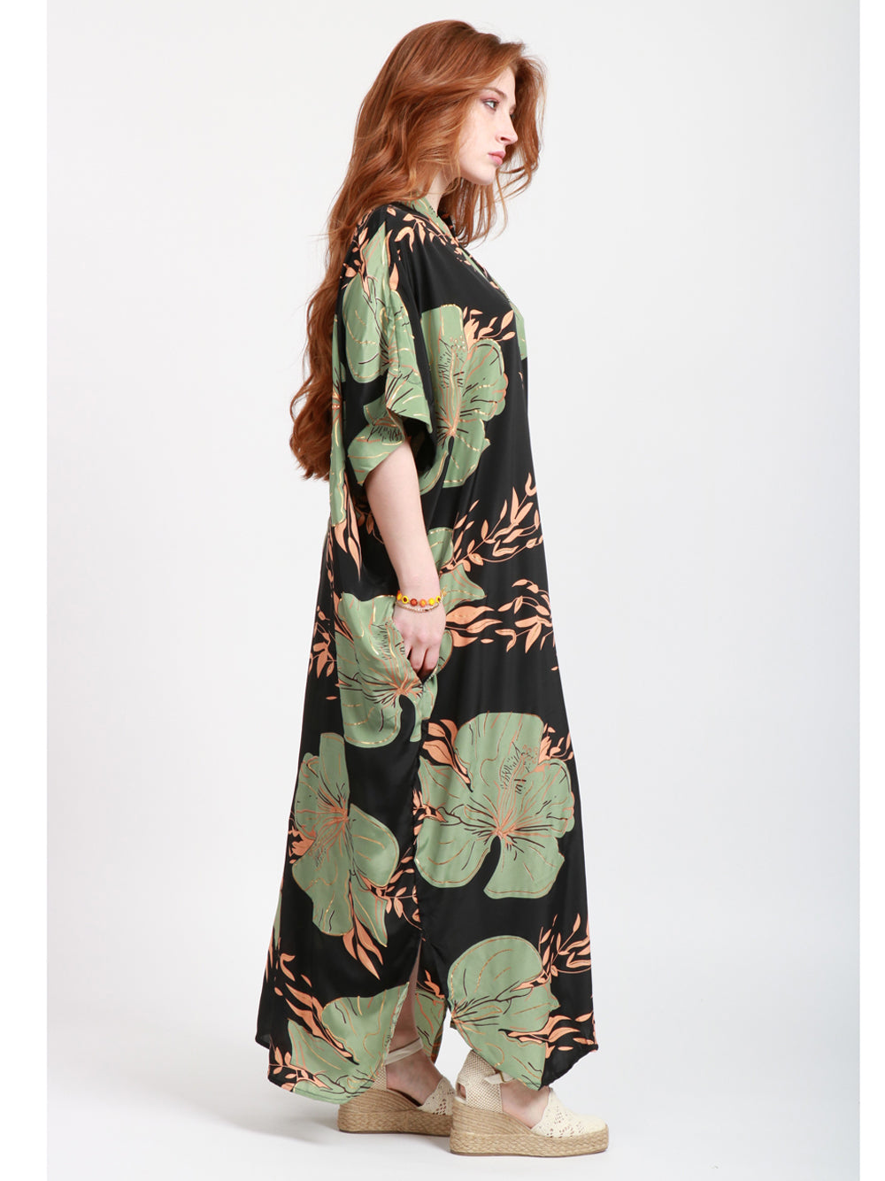 CHACHA Vestito Kimono in Seta Con Fantasia Nero e Verde Nero/verde