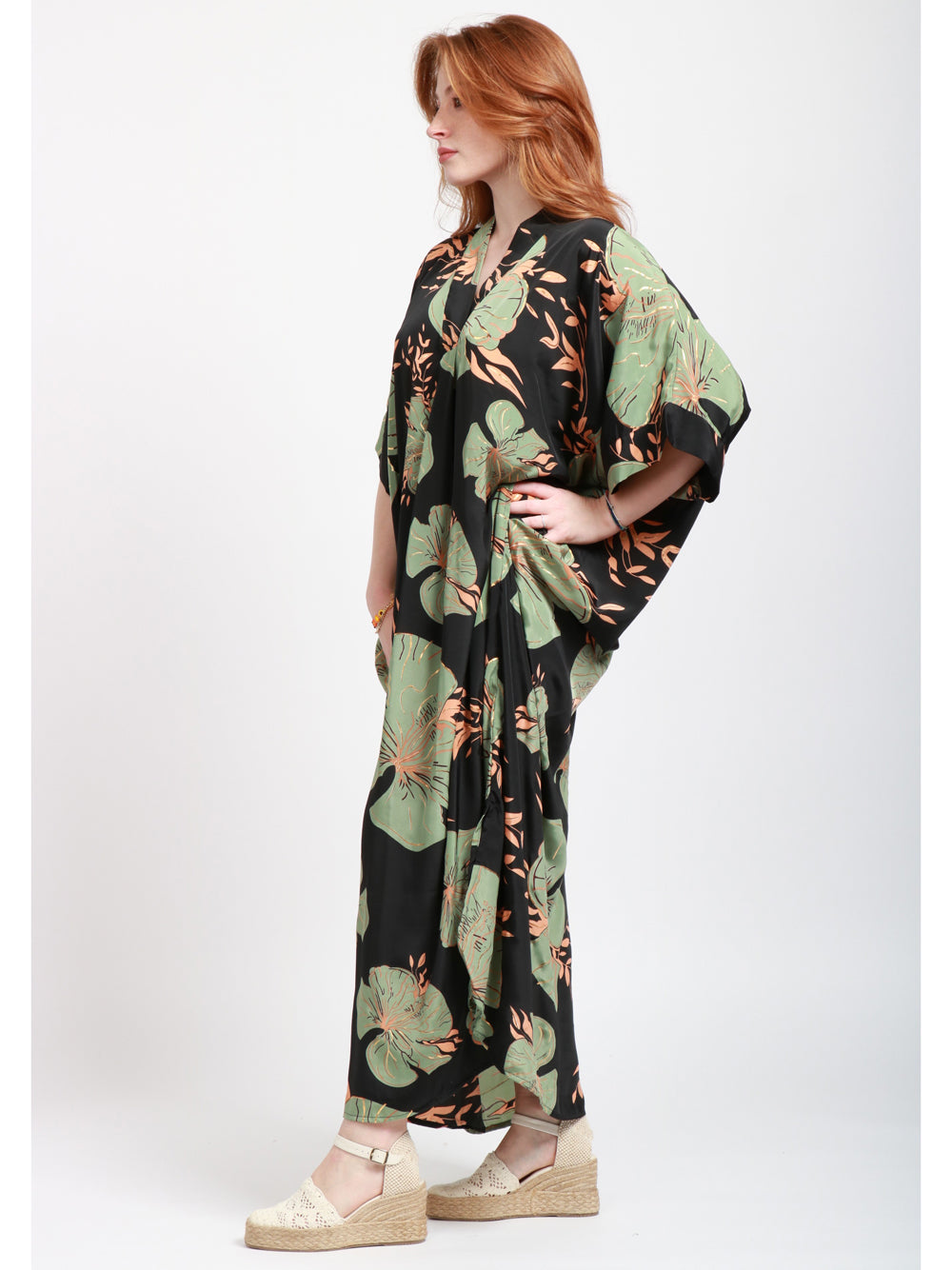 CHACHA Vestito Kimono in Seta Con Fantasia Nero e Verde Nero/verde