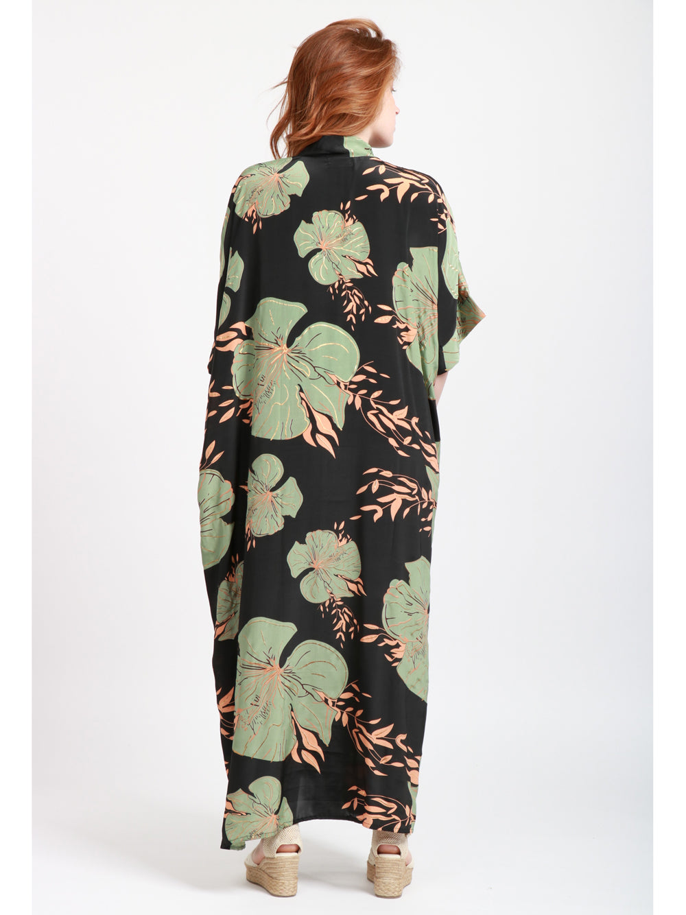 CHACHA Vestito Kimono in Seta Con Fantasia Nero e Verde Nero/verde