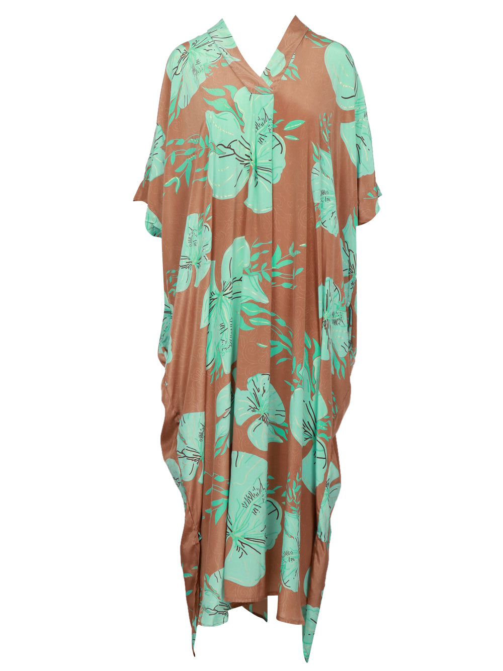 CHACHA Vestito Kimono in Seta Con Fantasia Fango e Turchese Turchese/fango