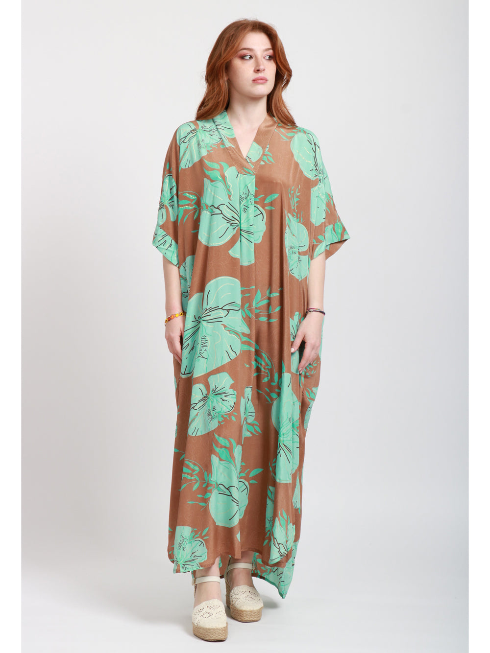 CHACHA Vestito Kimono in Seta Con Fantasia Fango e Turchese Turchese/fango