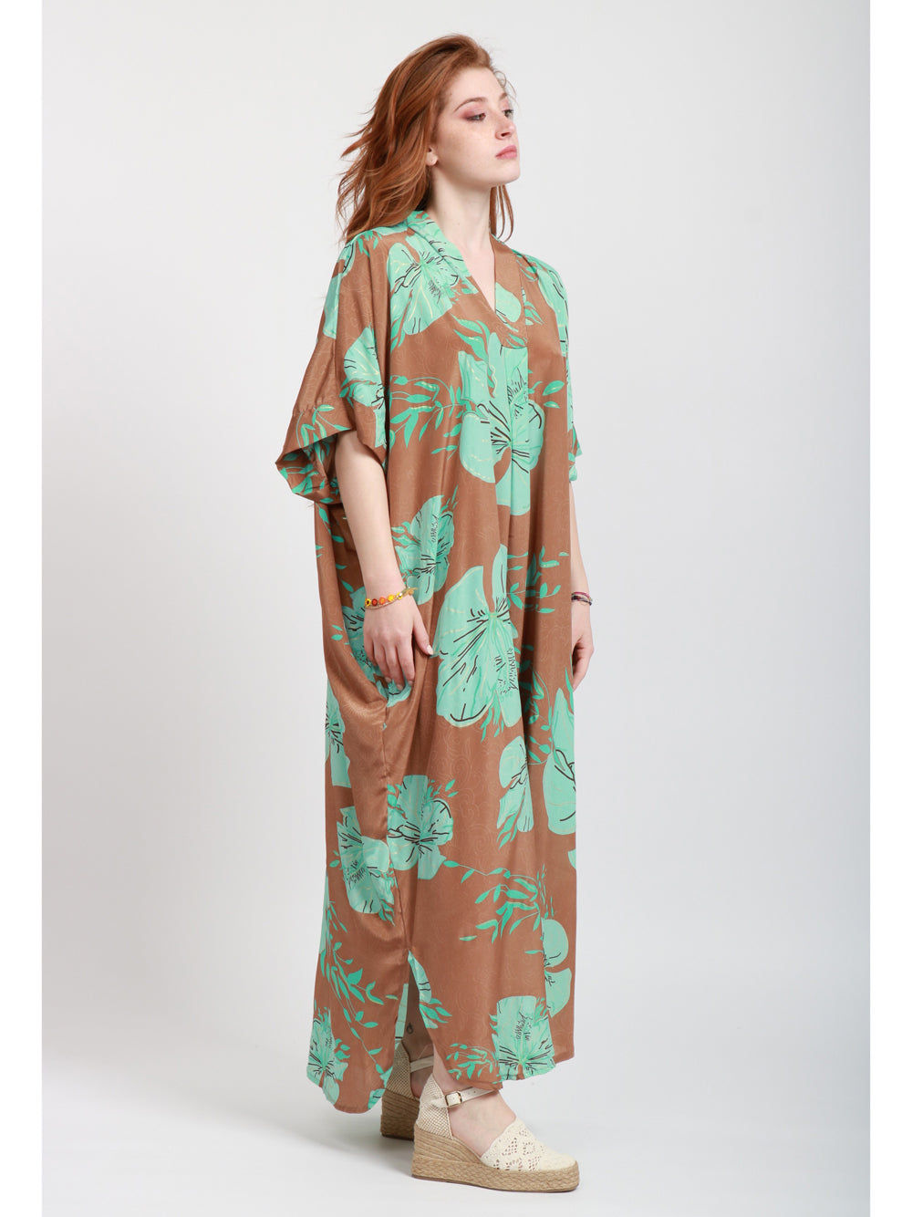 CHACHA Vestito Kimono in Seta Con Fantasia Fango e Turchese Turchese/fango