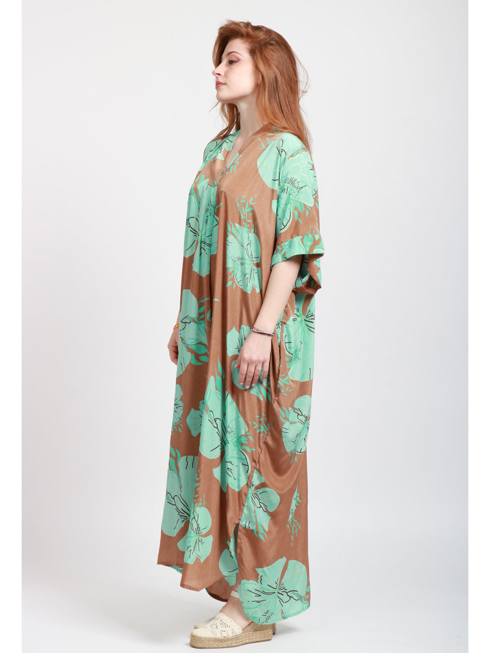 CHACHA Vestito Kimono in Seta Con Fantasia Fango e Turchese Turchese/fango