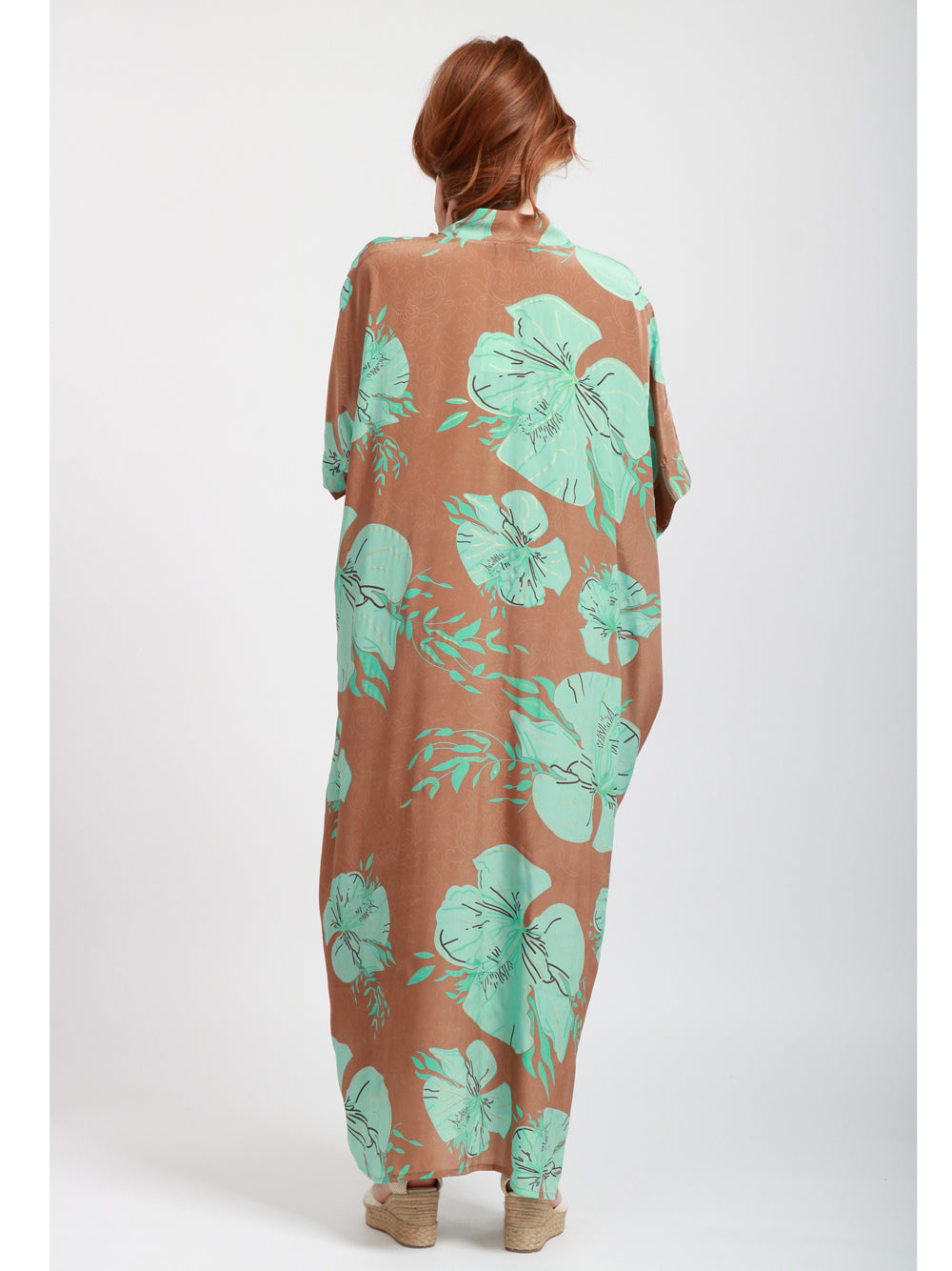 CHACHA Vestito Kimono in Seta Con Fantasia Fango e Turchese Turchese/fango