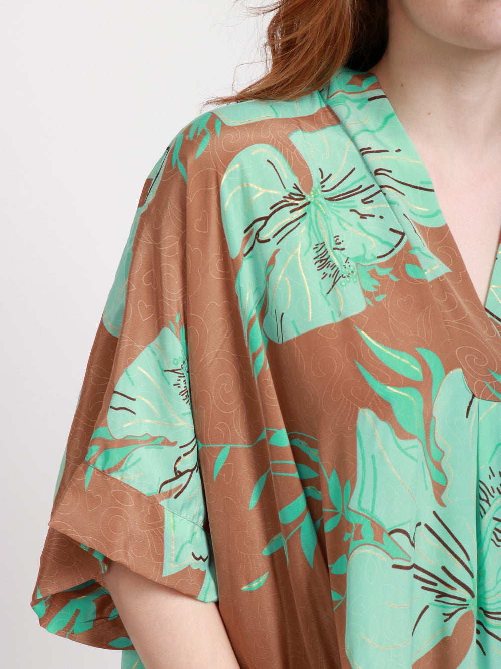 CHACHA Vestito Kimono in Seta Con Fantasia Fango e Turchese Turchese/fango