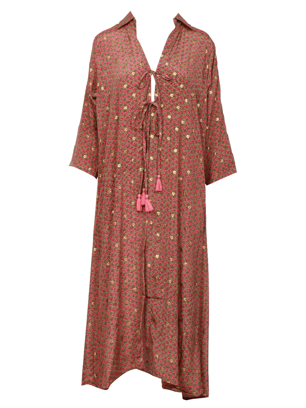 CHACHA Kimono in Seta con Fantasia Floreale Kaki e Rosa Kaki/rosa