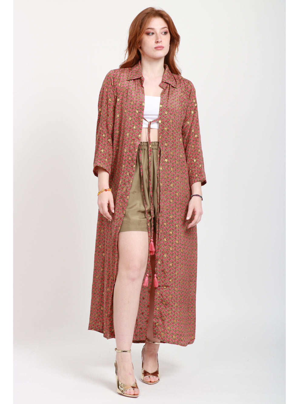 CHACHA Kimono in Seta con Fantasia Floreale Kaki e Rosa Kaki/rosa