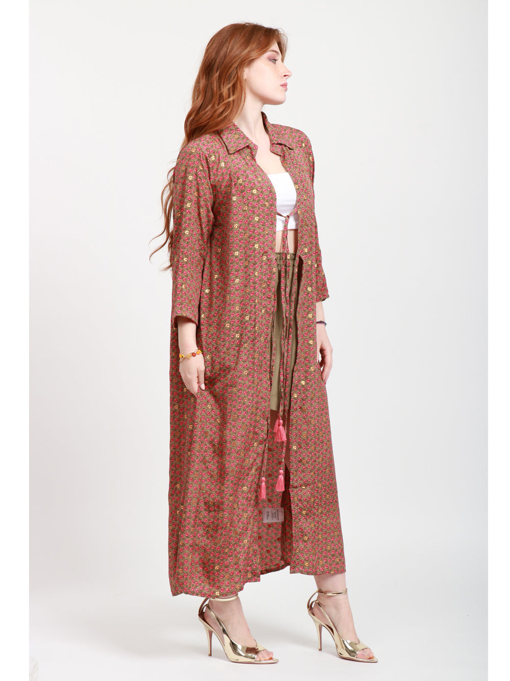 CHACHA Kimono in Seta con Fantasia Floreale Kaki e Rosa Kaki/rosa