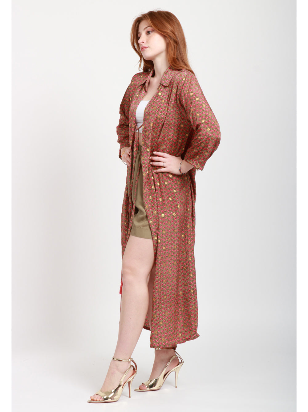 CHACHA Kimono in Seta con Fantasia Floreale Kaki e Rosa Kaki/rosa