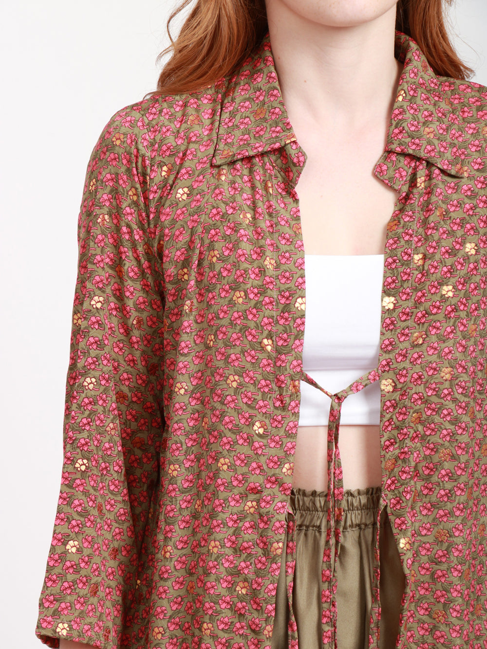 CHACHA Kimono in Seta con Fantasia Floreale Kaki e Rosa Kaki/rosa