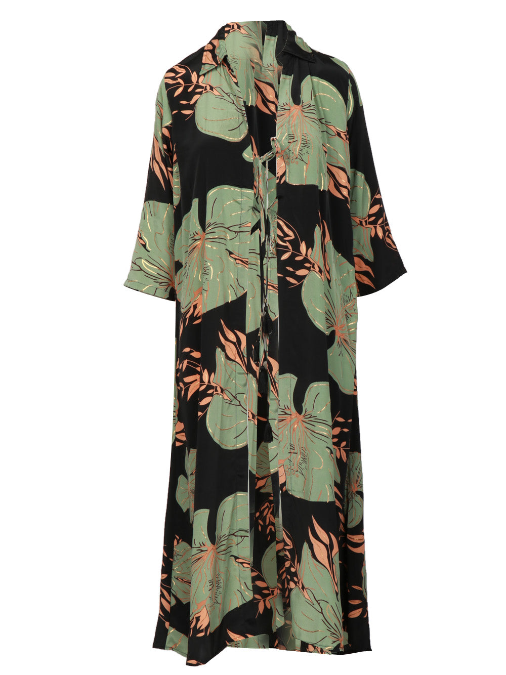 CHACHA Kimono in Seta con Fantasia Floreale Nero e Verde Nero/verde