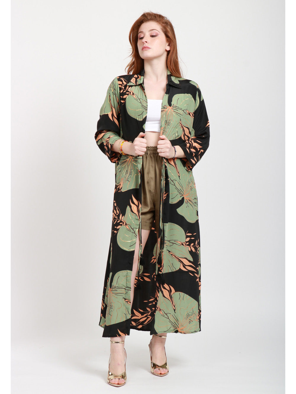 CHACHA Kimono in Seta con Fantasia Floreale Nero e Verde Nero/verde