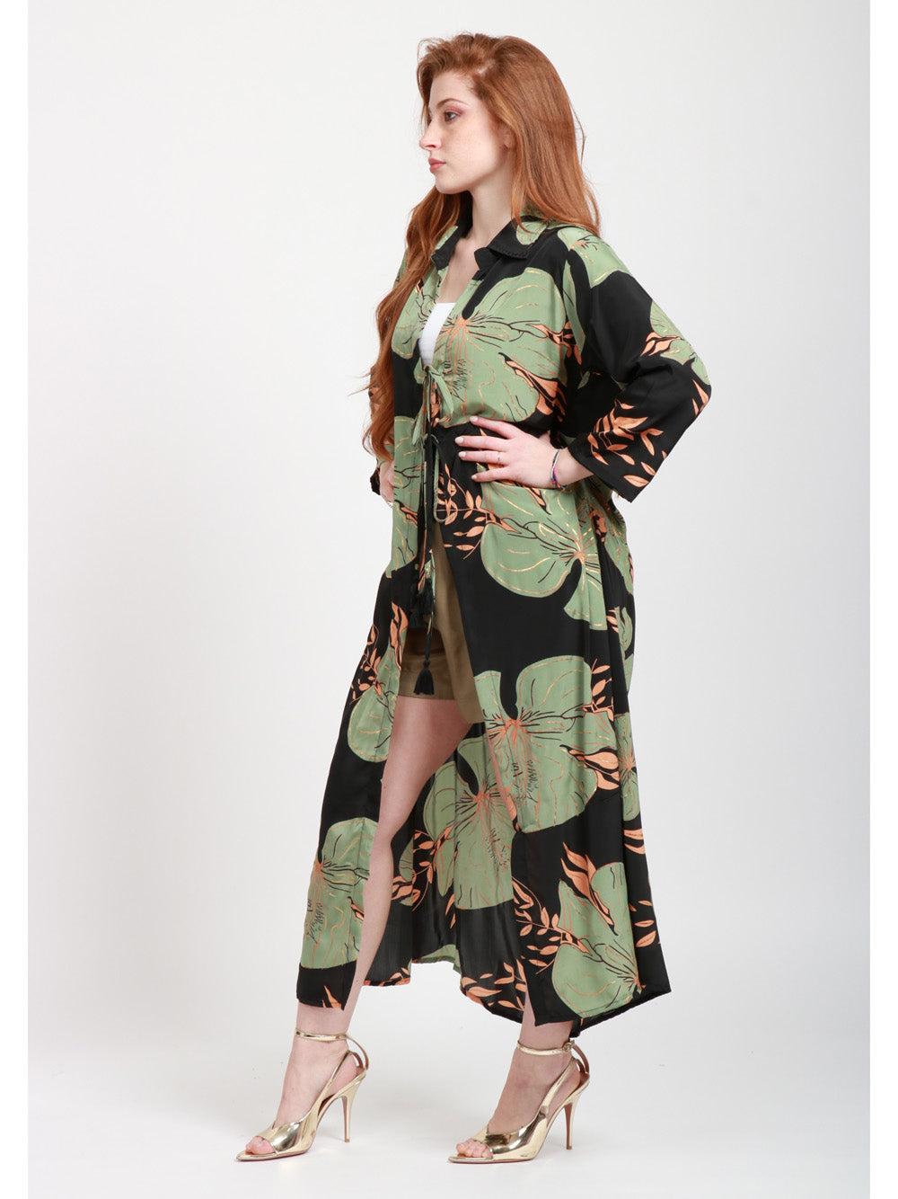 CHACHA Kimono in Seta con Fantasia Floreale Nero e Verde Nero/verde