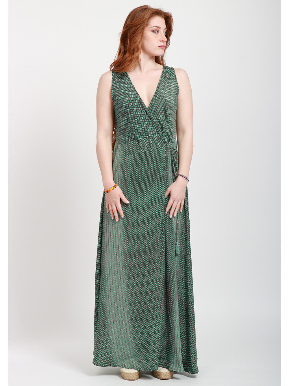 CHACHA Vestito lungo in Seta con Fantasia Verde e Rosso Verde Rosso