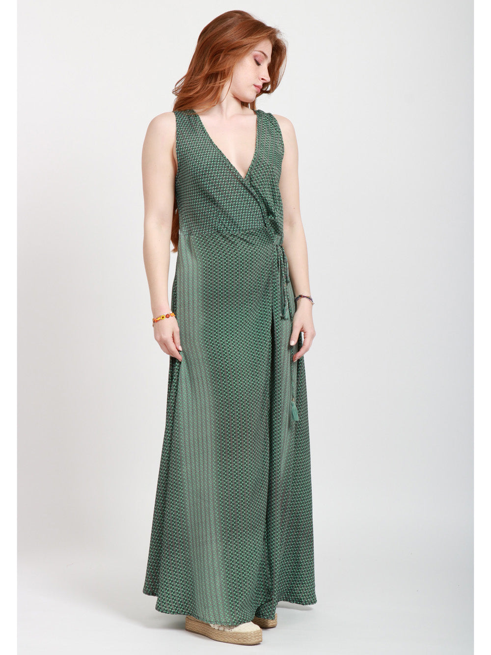 CHACHA Vestito lungo in Seta con Fantasia Verde e Rosso Verde Rosso