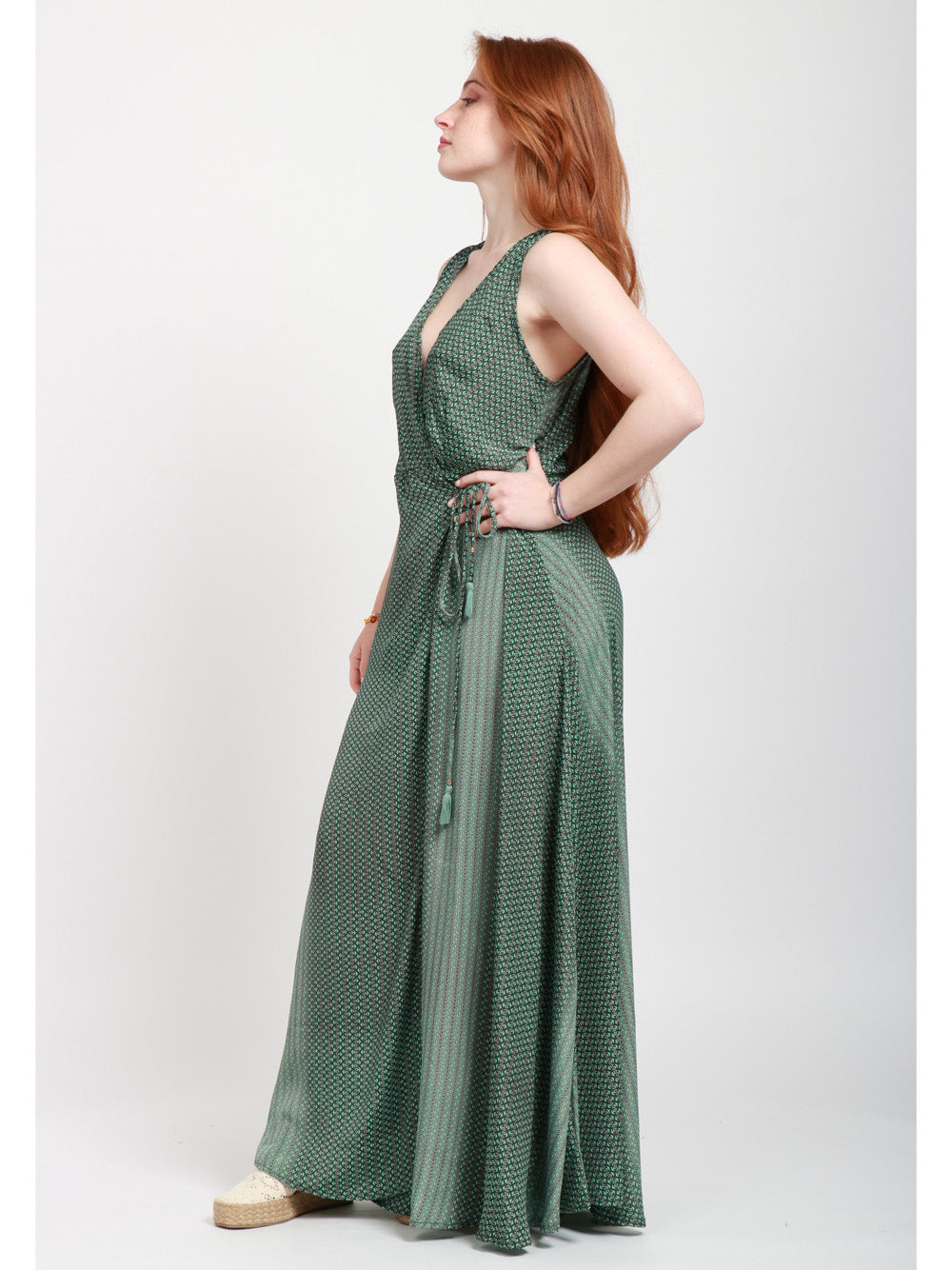 CHACHA Vestito lungo in Seta con Fantasia Verde e Rosso Verde Rosso