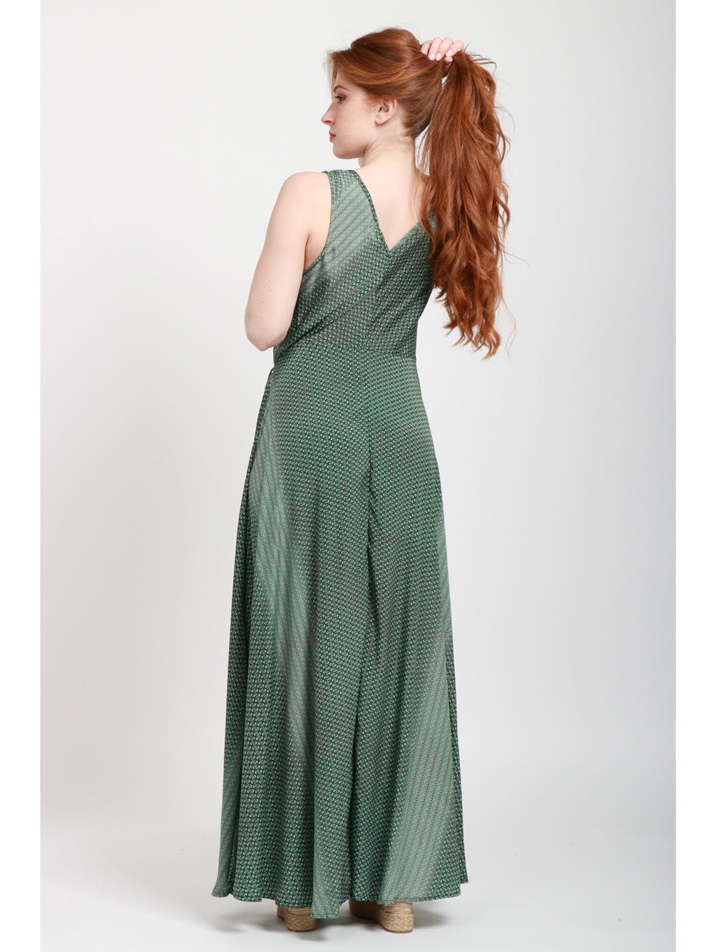 CHACHA Vestito lungo in Seta con Fantasia Verde e Rosso Verde Rosso