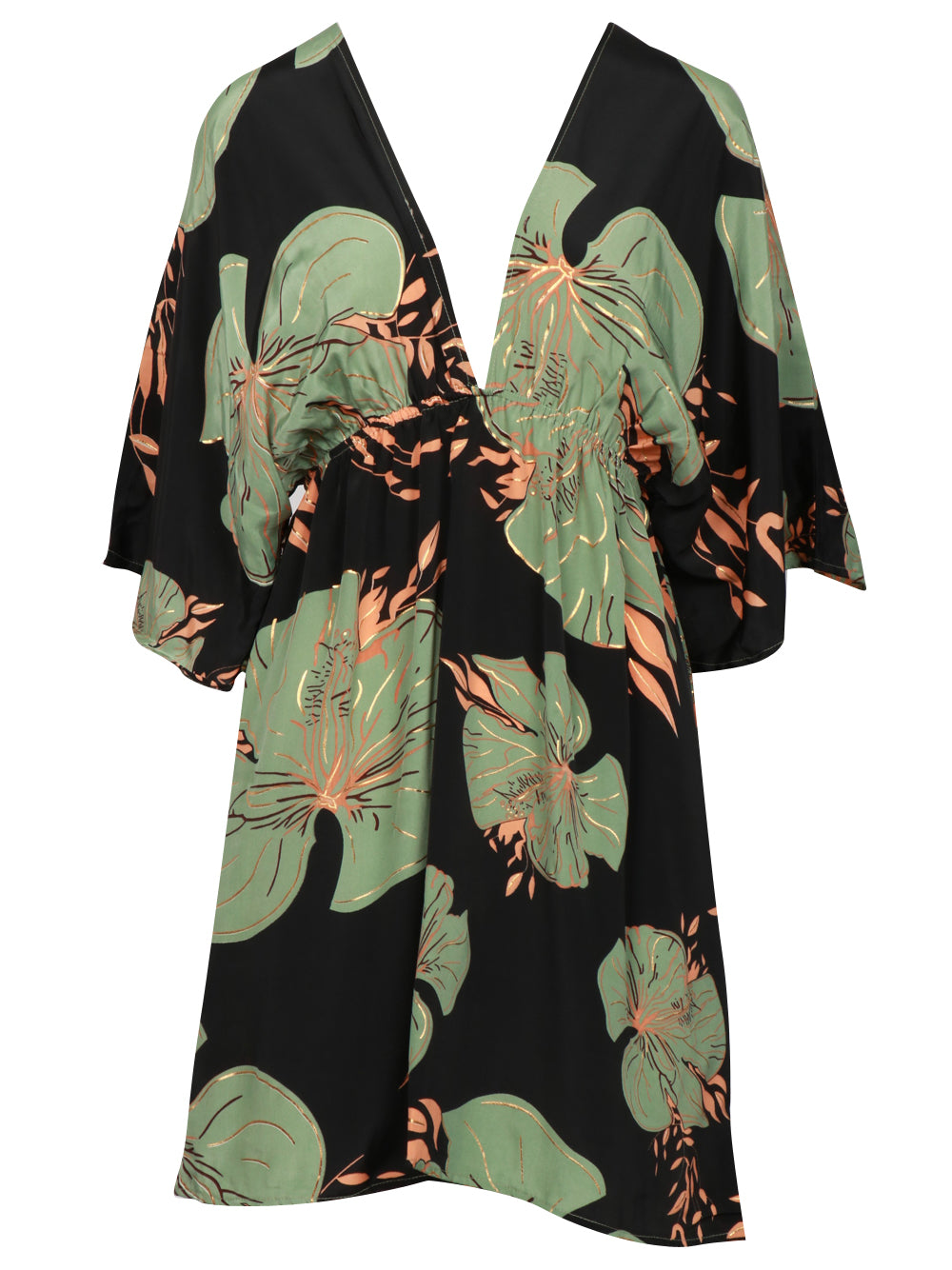 CHACHA Vestito Corto in Seta con Fantasia Floreale Nero e Verde Nero/verde