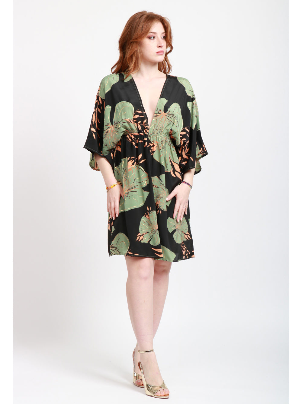 CHACHA Vestito Corto in Seta con Fantasia Floreale Nero e Verde Nero/verde