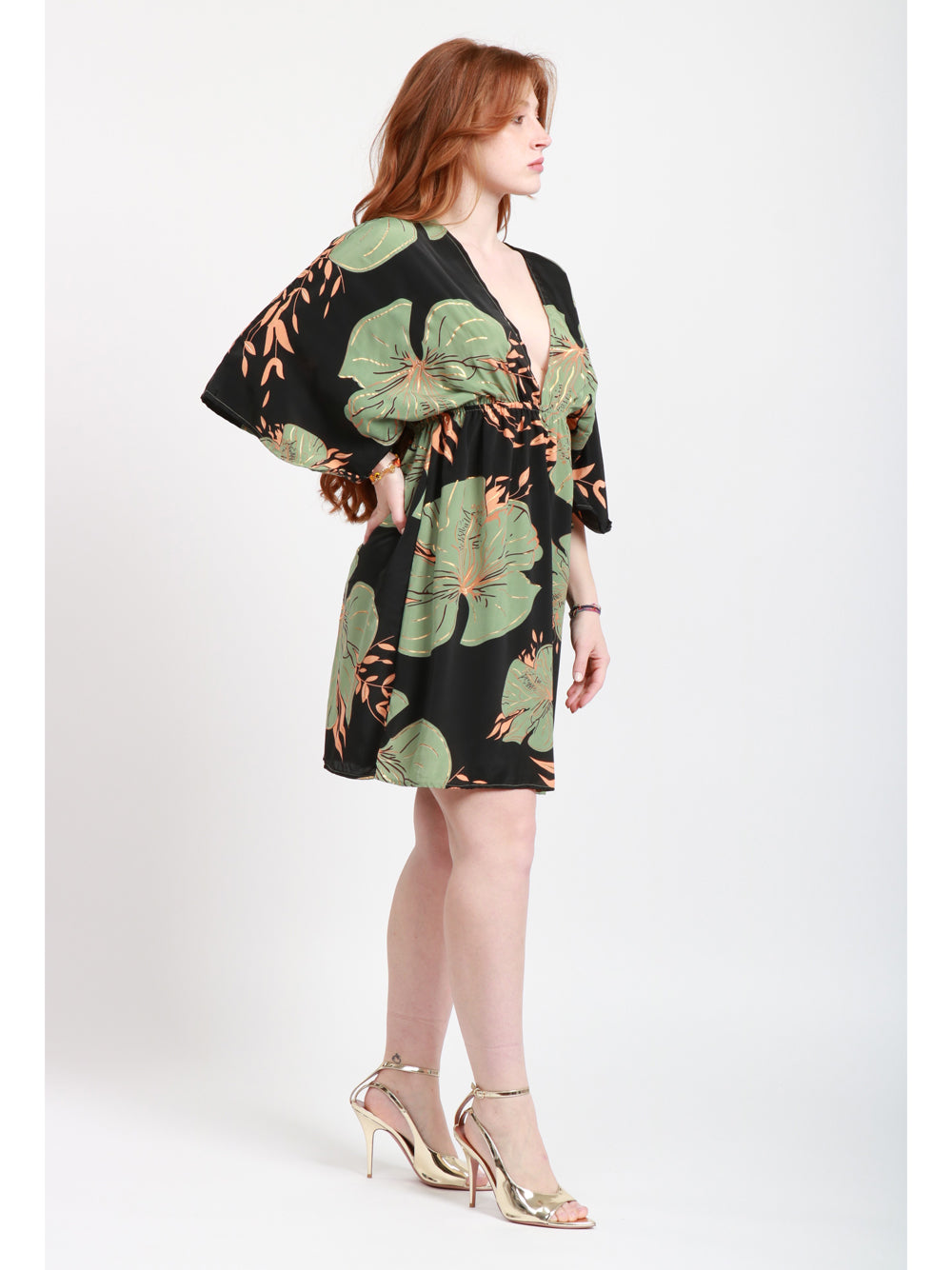 CHACHA Vestito Corto in Seta con Fantasia Floreale Nero e Verde Nero/verde