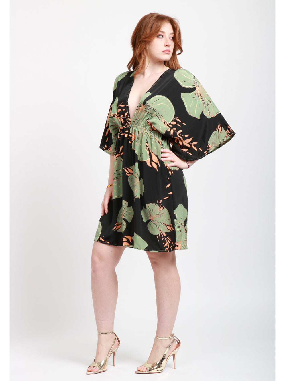 CHACHA Vestito Corto in Seta con Fantasia Floreale Nero e Verde Nero/verde